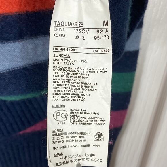 Nwot UNITED COLORS OF BENETTON Sweater M Wool Rainbow-Stripe Crew Long-Sleeve - Picture 5 of 9